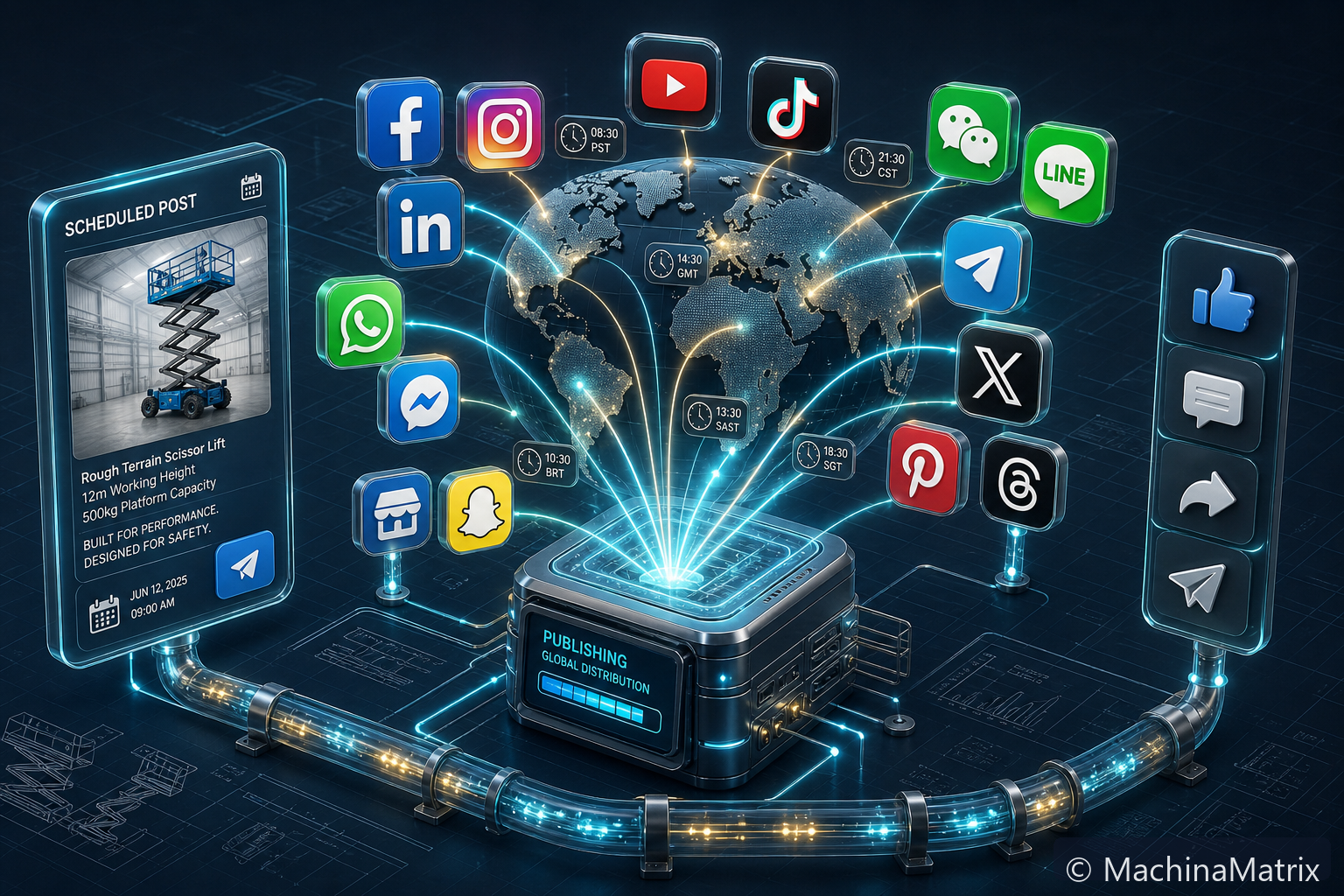 Specification-driven social posts for industrial equipment